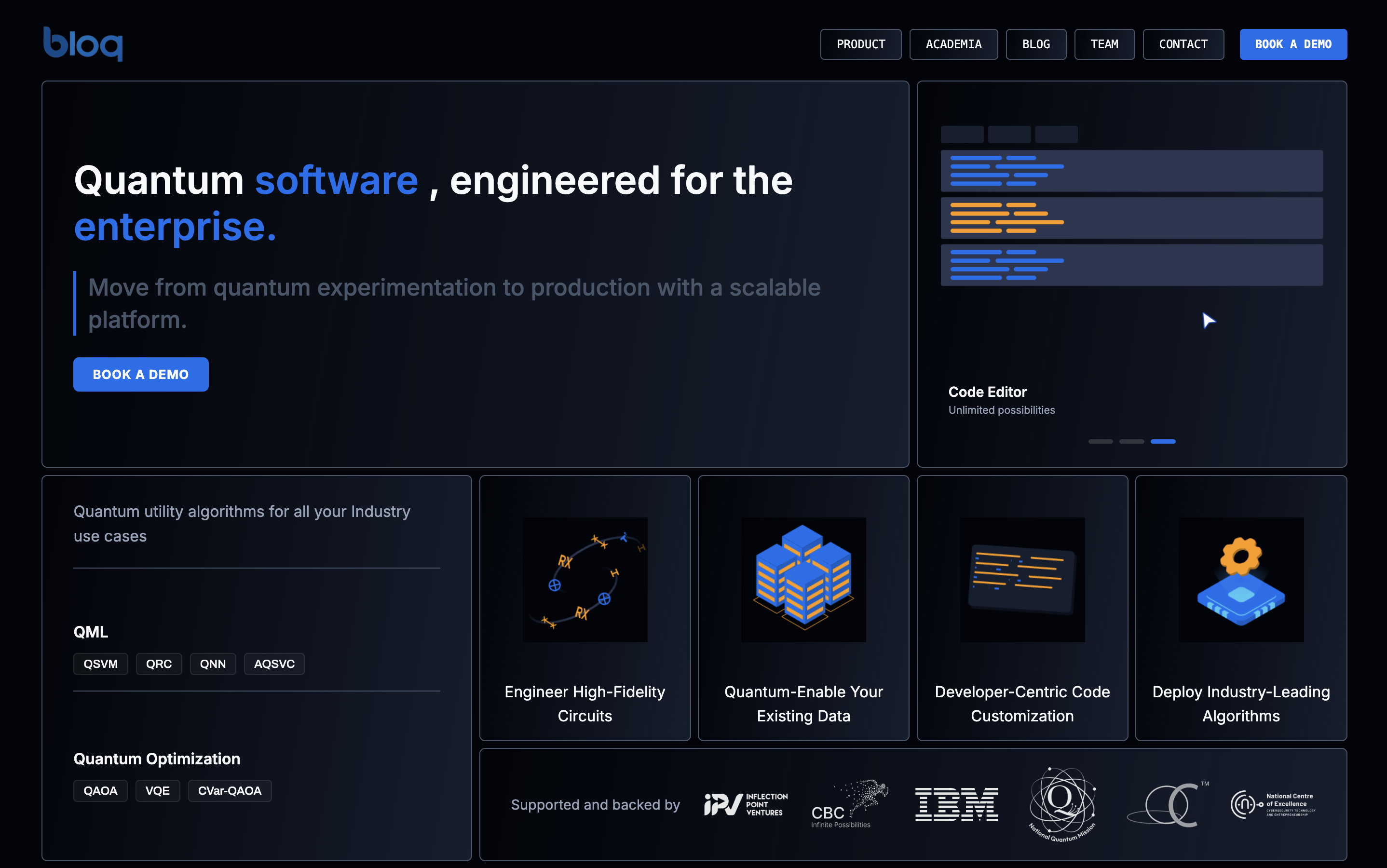 Bloq Quantum homepage showing the enterprise quantum software platform with code editor and algorithm modules